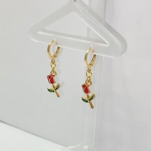 Gold & Red Rose Earring Huggie Hoops